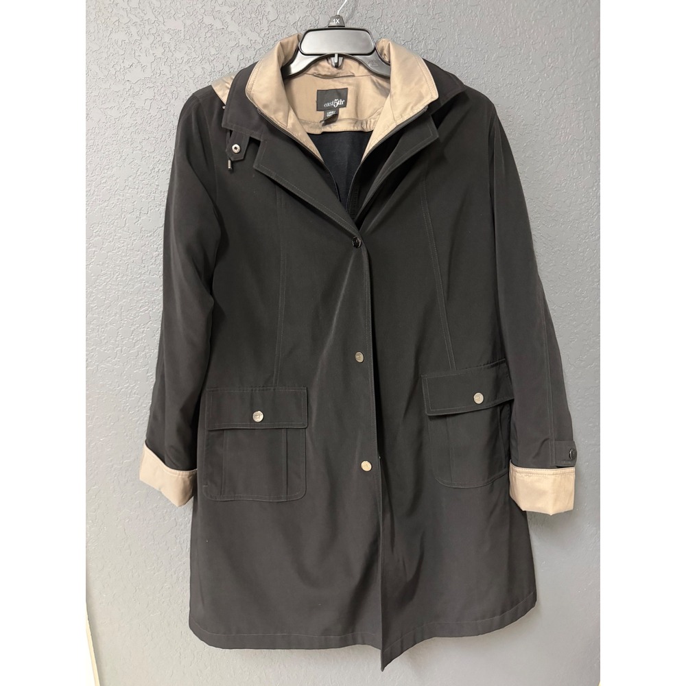 East 5th Womens Black Tan Hooded Rain Jacket Coat Large Full Zip Snap Front